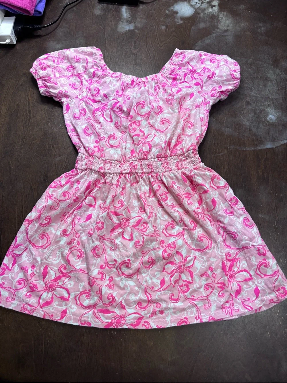 Lilly Pulitzer 8-10 Girls Pink Scroll Floral Smocked Waist Dress